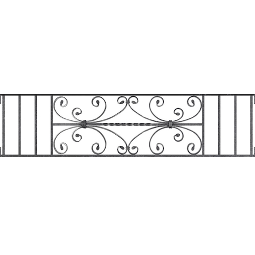 Appui de fenêtre type AF003 à visser dans votre tableau de fenêtre. Longueur finie de 1300mm et Hauteur finie de 320mm. Convient pour les tableaux de fenêtre de 1300mm. Main courante laminée de 1300mm de long en fer forgé sur le dessus. Motif au centre de 760mm de long par 300mm de haut. Le reste de la structure est en acier carré plein de 12mm de section.