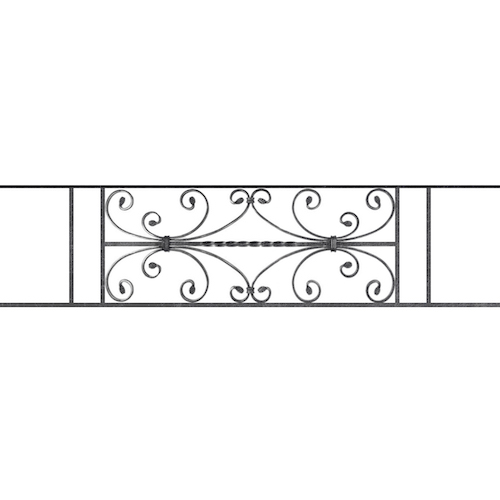 Appui de fenêtre type AF003 à sceller dans votre tableau de fenêtre. Longueur finie de 1310mm et Hauteur finie de 320mm. Convient pour les tableaux de fenêtre de 1210mm. 50mm de scellement sont prévue de chaque côté. Main courante laminée de 1210mm de long en fer forgé sur le dessus. Motif au centre de 760mm de long par 300mm de haut. Le reste de la structure est en acier carré plein de 12mm de section.
