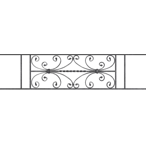 Appui de fenêtre type AF003 à sceller dans votre tableau de fenêtre. Longueur finie de 1320mm et Hauteur finie de 320mm. Convient pour les tableaux de fenêtre de 1220mm. 50mm de scellement sont prévue de chaque côté. Main courante laminée de 1220mm de long en fer forgé sur le dessus. Motif au centre de 760mm de long par 300mm de haut. Le reste de la structure est en acier carré plein de 12mm de section.