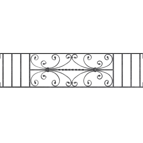 Appui de fenêtre type AF003 à visser dans votre tableau de fenêtre. Longueur finie de 1320mm et Hauteur finie de 320mm. Convient pour les tableaux de fenêtre de 1320mm. Main courante laminée de 1320mm de long en fer forgé sur le dessus. Motif au centre de 760mm de long par 300mm de haut. Le reste de la structure est en acier carré plein de 12mm de section.
