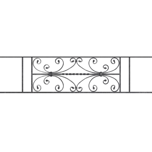 Appui de fenêtre type AF003 à sceller dans votre tableau de fenêtre. Longueur finie de 1330mm et Hauteur finie de 320mm. Convient pour les tableaux de fenêtre de 1230mm. 50mm de scellement sont prévue de chaque côté. Main courante laminée de 1230mm de long en fer forgé sur le dessus. Motif au centre de 760mm de long par 300mm de haut. Le reste de la structure est en acier carré plein de 12mm de section.