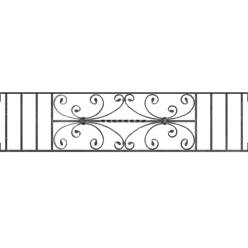 Appui de fenêtre type AF003 à visser dans votre tableau de fenêtre. Longueur finie de 1330mm et Hauteur finie de 320mm. Convient pour les tableaux de fenêtre de 1330mm. Main courante laminée de 1330mm de long en fer forgé sur le dessus. Motif au centre de 760mm de long par 300mm de haut. Le reste de la structure est en acier carré plein de 12mm de section.