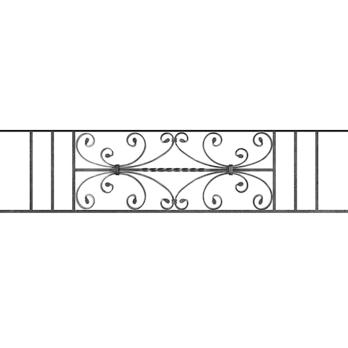 Appui de fenêtre type AF003 à sceller dans votre tableau de fenêtre. Longueur finie de 1340mm et Hauteur finie de 320mm. Convient pour les tableaux de fenêtre de 1240mm. 50mm de scellement sont prévue de chaque côté. Main courante laminée de 1240mm de long en fer forgé sur le dessus. Motif au centre de 760mm de long par 300mm de haut. Le reste de la structure est en acier carré plein de 12mm de section.