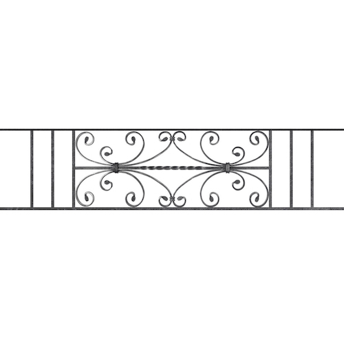 Appui de fenêtre type AF003 à sceller dans votre tableau de fenêtre. Longueur finie de 1350mm et Hauteur finie de 320mm. Convient pour les tableaux de fenêtre de 1250mm. 50mm de scellement sont prévue de chaque côté. Main courante laminée de 1250mm de long en fer forgé sur le dessus. Motif au centre de 760mm de long par 300mm de haut. Le reste de la structure est en acier carré plein de 12mm de section.