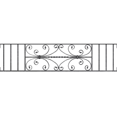 Appui de fenêtre type AF003 à visser dans votre tableau de fenêtre. Longueur finie de 1350mm et Hauteur finie de 320mm. Convient pour les tableaux de fenêtre de 1350mm. Main courante laminée de 1350mm de long en fer forgé sur le dessus. Motif au centre de 760mm de long par 300mm de haut. Le reste de la structure est en acier carré plein de 12mm de section.