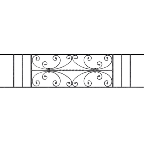 Appui de fenêtre type AF003 à sceller dans votre tableau de fenêtre. Longueur finie de 1360mm et Hauteur finie de 320mm. Convient pour les tableaux de fenêtre de 1260mm. 50mm de scellement sont prévue de chaque côté. Main courante laminée de 1260mm de long en fer forgé sur le dessus. Motif au centre de 760mm de long par 300mm de haut. Le reste de la structure est en acier carré plein de 12mm de section.