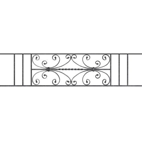 Appui de fenêtre type AF003 à sceller dans votre tableau de fenêtre. Longueur finie de 1380mm et Hauteur finie de 320mm. Convient pour les tableaux de fenêtre de 1280mm. 50mm de scellement sont prévue de chaque côté. Main courante laminée de 1280mm de long en fer forgé sur le dessus. Motif au centre de 760mm de long par 300mm de haut. Le reste de la structure est en acier carré plein de 12mm de section.