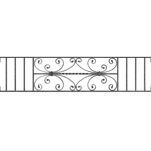 Appui de fenêtre type AF003 à visser dans votre tableau de fenêtre. Longueur finie de 1380mm et Hauteur finie de 320mm. Convient pour les tableaux de fenêtre de 1380mm. Main courante laminée de 1380mm de long en fer forgé sur le dessus. Motif au centre de 760mm de long par 300mm de haut. Le reste de la structure est en acier carré plein de 12mm de section.