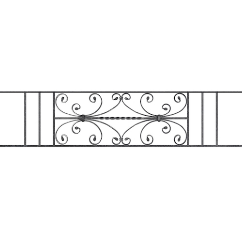 Appui de fenêtre type AF003 à sceller dans votre tableau de fenêtre. Longueur finie de 1390mm et Hauteur finie de 320mm. Convient pour les tableaux de fenêtre de 1290mm. 50mm de scellement sont prévue de chaque côté. Main courante laminée de 1290mm de long en fer forgé sur le dessus. Motif au centre de 760mm de long par 300mm de haut. Le reste de la structure est en acier carré plein de 12mm de section.