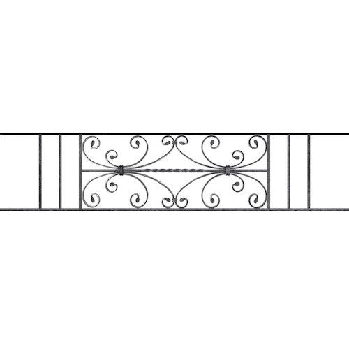 Appui de fenêtre type AF003 à sceller dans votre tableau de fenêtre. Longueur finie de 1430mm et Hauteur finie de 320mm. Convient pour les tableaux de fenêtre de 1330mm. 50mm de scellement sont prévue de chaque côté. Main courante laminée de 1330mm de long en fer forgé sur le dessus. Motif au centre de 760mm de long par 300mm de haut. Le reste de la structure est en acier carré plein de 12mm de section.