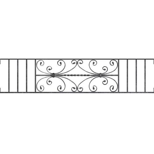 Appui de fenêtre type AF003 à visser dans votre tableau de fenêtre. Longueur finie de 1430mm et Hauteur finie de 320mm. Convient pour les tableaux de fenêtre de 1430mm. Main courante laminée de 1430mm de long en fer forgé sur le dessus. Motif au centre de 760mm de long par 300mm de haut. Le reste de la structure est en acier carré plein de 12mm de section.