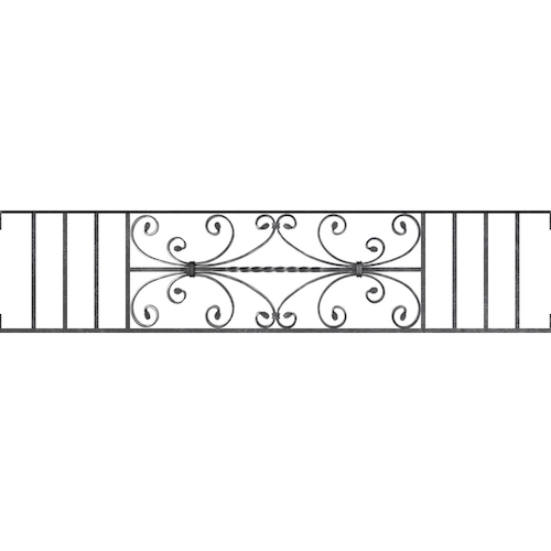 Appui de fenêtre type AF003 à visser dans votre tableau de fenêtre. Longueur finie de 1440mm et Hauteur finie de 320mm. Convient pour les tableaux de fenêtre de 1440mm. Main courante laminée de 1440mm de long en fer forgé sur le dessus. Motif au centre de 760mm de long par 300mm de haut. Le reste de la structure est en acier carré plein de 12mm de section.