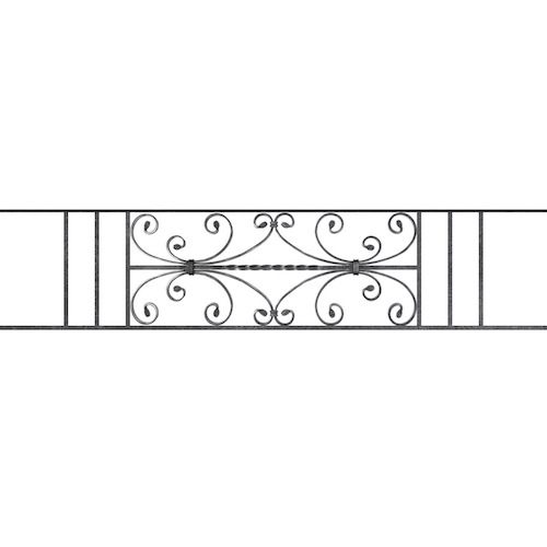 Appui de fenêtre type AF003 à sceller dans votre tableau de fenêtre. Longueur finie de 1450mm et Hauteur finie de 320mm. Convient pour les tableaux de fenêtre de 1350mm. 50mm de scellement sont prévue de chaque côté. Main courante laminée de 1350mm de long en fer forgé sur le dessus. Motif au centre de 760mm de long par 300mm de haut. Le reste de la structure est en acier carré plein de 12mm de section.