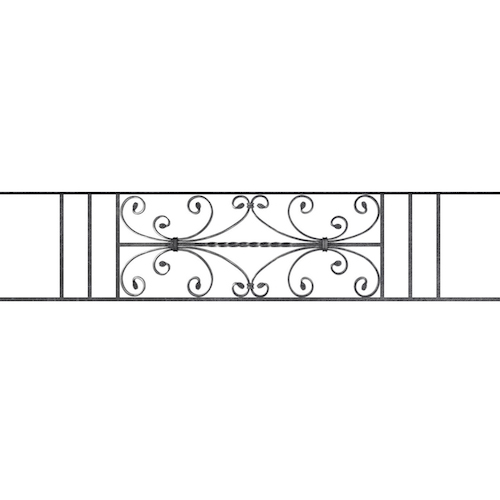 Appui de fenêtre type AF003 à sceller dans votre tableau de fenêtre. Longueur finie de 1460mm et Hauteur finie de 320mm. Convient pour les tableaux de fenêtre de 1360mm. 50mm de scellement sont prévue de chaque côté. Main courante laminée de 1360mm de long en fer forgé sur le dessus. Motif au centre de 760mm de long par 300mm de haut. Le reste de la structure est en acier carré plein de 12mm de section.