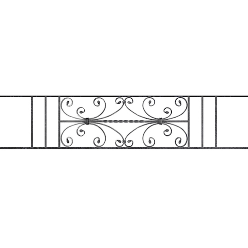 Appui de fenêtre type AF003 à sceller dans votre tableau de fenêtre. Longueur finie de 1480mm et Hauteur finie de 320mm. Convient pour les tableaux de fenêtre de 1380mm. 50mm de scellement sont prévue de chaque côté. Main courante laminée de 1380mm de long en fer forgé sur le dessus. Motif au centre de 760mm de long par 300mm de haut. Le reste de la structure est en acier carré plein de 12mm de section.