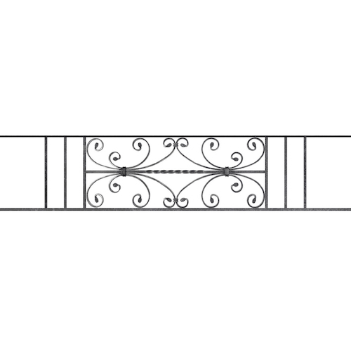 Appui de fenêtre type AF003 à sceller dans votre tableau de fenêtre. Longueur finie de 1490mm et Hauteur finie de 320mm. Convient pour les tableaux de fenêtre de 1390mm. 50mm de scellement sont prévue de chaque côté. Main courante laminée de 1390mm de long en fer forgé sur le dessus. Motif au centre de 760mm de long par 300mm de haut. Le reste de la structure est en acier carré plein de 12mm de section.