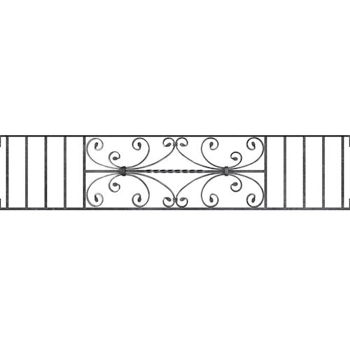 Appui de fenêtre type AF003 à visser dans votre tableau de fenêtre. Longueur finie de 1490mm et Hauteur finie de 320mm. Convient pour les tableaux de fenêtre de 1490mm. Main courante laminée de 1490mm de long en fer forgé sur le dessus. Motif au centre de 760mm de long par 300mm de haut. Le reste de la structure est en acier carré plein de 12mm de section.