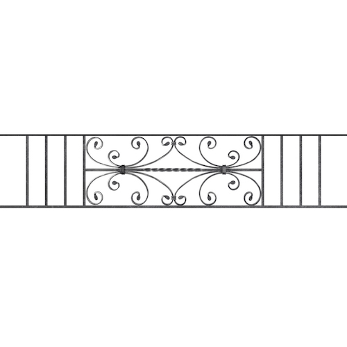 Appui de fenêtre type AF003 à sceller dans votre tableau de fenêtre. Longueur finie de 1500mm et Hauteur finie de 320mm. Convient pour les tableaux de fenêtre de 1400mm. 50mm de scellement sont prévue de chaque côté. Main courante laminée de 1400mm de long en fer forgé sur le dessus. Motif au centre de 760mm de long par 300mm de haut. Le reste de la structure est en acier carré plein de 12mm de section.