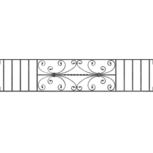 Appui de fenêtre type AF003 à visser dans votre tableau de fenêtre. Longueur finie de 1500mm et Hauteur finie de 320mm. Convient pour les tableaux de fenêtre de 1500mm. Main courante laminée de 1500mm de long en fer forgé sur le dessus. Motif au centre de 760mm de long par 300mm de haut. Le reste de la structure est en acier carré plein de 12mm de section.