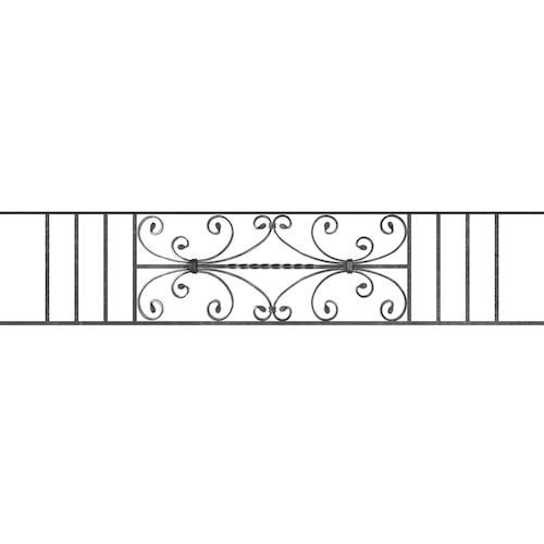 Appui de fenêtre type AF003 à sceller dans votre tableau de fenêtre. Longueur finie de 1530mm et Hauteur finie de 320mm. Convient pour les tableaux de fenêtre de 1430mm. 50mm de scellement sont prévue de chaque côté. Main courante laminée de 1430mm de long en fer forgé sur le dessus. Motif au centre de 760mm de long par 300mm de haut. Le reste de la structure est en acier carré plein de 12mm de section.