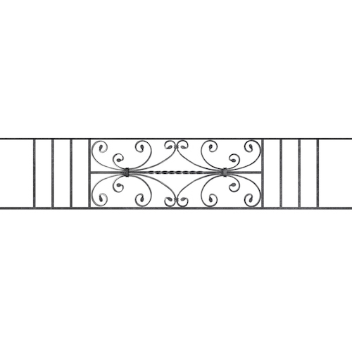 Appui de fenêtre type AF003 à sceller dans votre tableau de fenêtre. Longueur finie de 1570mm et Hauteur finie de 320mm. Convient pour les tableaux de fenêtre de 1470mm. 50mm de scellement sont prévue de chaque côté. Main courante laminée de 1470mm de long en fer forgé sur le dessus. Motif au centre de 760mm de long par 300mm de haut. Le reste de la structure est en acier carré plein de 12mm de section.