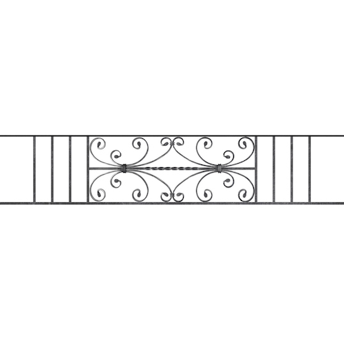 Appui de fenêtre type AF003 à sceller dans votre tableau de fenêtre. Longueur finie de 1580mm et Hauteur finie de 320mm. Convient pour les tableaux de fenêtre de 1480mm. 50mm de scellement sont prévue de chaque côté. Main courante laminée de 1480mm de long en fer forgé sur le dessus. Motif au centre de 760mm de long par 300mm de haut. Le reste de la structure est en acier carré plein de 12mm de section.