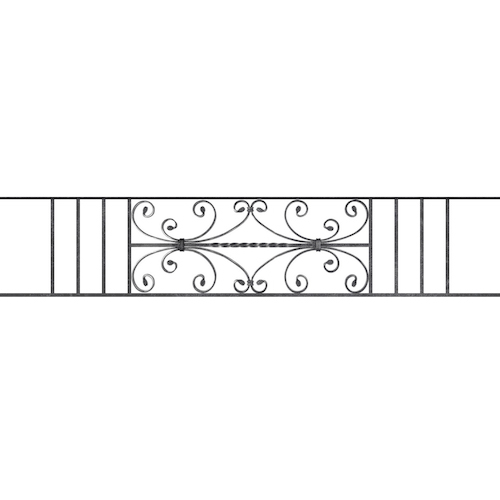 Appui de fenêtre type AF003 à sceller dans votre tableau de fenêtre. Longueur finie de 1600mm et Hauteur finie de 320mm. Convient pour les tableaux de fenêtre de 1500mm. 50mm de scellement sont prévue de chaque côté. Main courante laminée de 1500mm de long en fer forgé sur le dessus. Motif au centre de 760mm de long par 300mm de haut. Le reste de la structure est en acier carré plein de 12mm de section.