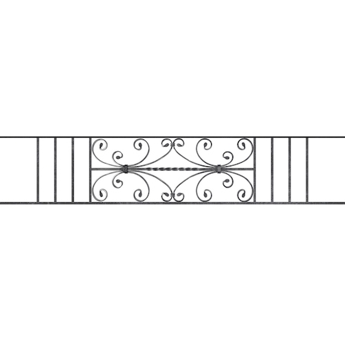 Appui de fenêtre type AF003 à sceller dans votre tableau de fenêtre. Longueur finie de 1620mm et Hauteur finie de 320mm. Convient pour les tableaux de fenêtre de 1520mm. 50mm de scellement sont prévue de chaque côté. Main courante laminée de 1520mm de long en fer forgé sur le dessus. Motif au centre de 760mm de long par 300mm de haut. Le reste de la structure est en acier carré plein de 12mm de section.