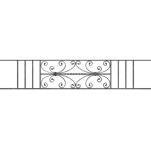 Appui de fenêtre type AF003 à sceller dans votre tableau de fenêtre. Longueur finie de 1650mm et Hauteur finie de 320mm. Convient pour les tableaux de fenêtre de 1550mm. 50mm de scellement sont prévue de chaque côté. Main courante laminée de 1550mm de long en fer forgé sur le dessus. Motif au centre de 760mm de long par 300mm de haut. Le reste de la structure est en acier carré plein de 12mm de section.