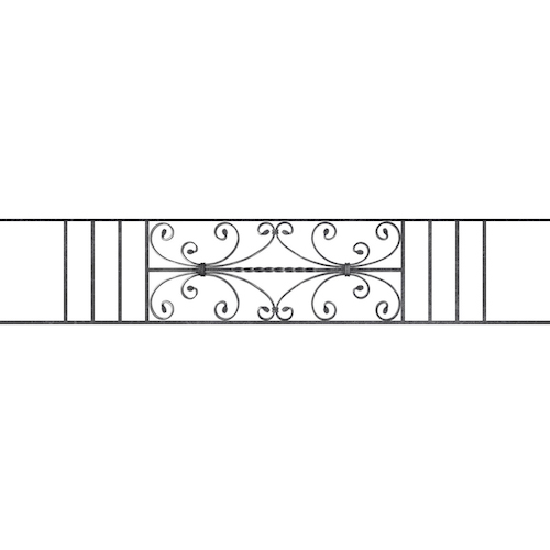 Appui de fenêtre type AF003 à sceller dans votre tableau de fenêtre. Longueur finie de 1660mm et Hauteur finie de 320mm. Convient pour les tableaux de fenêtre de 1560mm. 50mm de scellement sont prévue de chaque côté. Main courante laminée de 1560mm de long en fer forgé sur le dessus. Motif au centre de 760mm de long par 300mm de haut. Le reste de la structure est en acier carré plein de 12mm de section.
