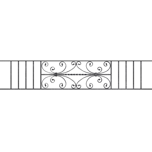 Appui de fenêtre type AF003 à sceller dans votre tableau de fenêtre. Longueur finie de 1670mm et Hauteur finie de 320mm. Convient pour les tableaux de fenêtre de 1570mm. 50mm de scellement sont prévue de chaque côté. Main courante laminée de 1570mm de long en fer forgé sur le dessus. Motif au centre de 760mm de long par 300mm de haut. Le reste de la structure est en acier carré plein de 12mm de section.
