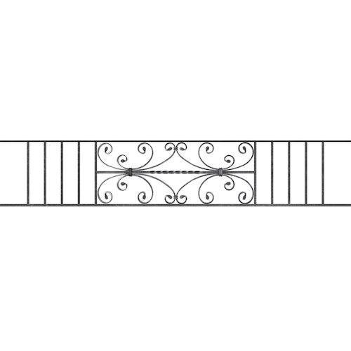 Appui de fenêtre type AF003 à sceller dans votre tableau de fenêtre. Longueur finie de 1700mm et Hauteur finie de 320mm. Convient pour les tableaux de fenêtre de 1600mm. 50mm de scellement sont prévue de chaque côté. Main courante laminée de 1600mm de long en fer forgé sur le dessus. Motif au centre de 760mm de long par 300mm de haut. Le reste de la structure est en acier carré plein de 12mm de section.