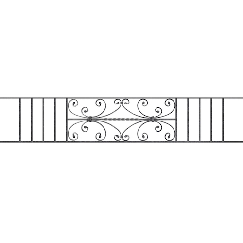 Appui de fenêtre type AF003 à sceller dans votre tableau de fenêtre. Longueur finie de 1710mm et Hauteur finie de 320mm. Convient pour les tableaux de fenêtre de 1610mm. 50mm de scellement sont prévue de chaque côté. Main courante laminée de 1610mm de long en fer forgé sur le dessus. Motif au centre de 760mm de long par 300mm de haut. Le reste de la structure est en acier carré plein de 12mm de section.