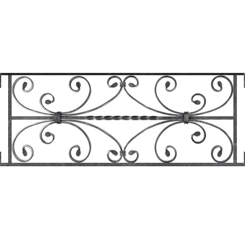 Appui de fenêtre type AF003 à visser dans votre tableau de fenêtre. Longueur finie de 840mm et Hauteur finie de 320mm. Convient pour les tableaux de fenêtre de 840mm. Main courante laminée de 840mm de long en fer forgé sur le dessus. Motif au centre de 760mm de long par 300mm de haut. Le reste de la structure est en acier carré plein de 12mm de section.