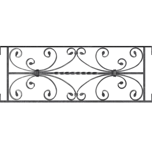 Appui de fenêtre type AF003 à visser dans votre tableau de fenêtre. Longueur finie de 860mm et Hauteur finie de 320mm. Convient pour les tableaux de fenêtre de 860mm. Main courante laminée de 860mm de long en fer forgé sur le dessus. Motif au centre de 760mm de long par 300mm de haut. Le reste de la structure est en acier carré plein de 12mm de section.