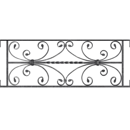 Appui de fenêtre type AF003 à visser dans votre tableau de fenêtre. Longueur finie de 870mm et Hauteur finie de 320mm. Convient pour les tableaux de fenêtre de 870mm. Main courante laminée de 870mm de long en fer forgé sur le dessus. Motif au centre de 760mm de long par 300mm de haut. Le reste de la structure est en acier carré plein de 12mm de section.