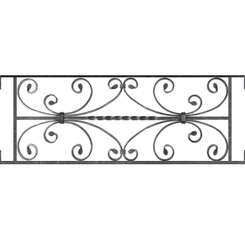 Appui de fenêtre type AF003 à visser dans votre tableau de fenêtre. Longueur finie de 880mm et Hauteur finie de 320mm. Convient pour les tableaux de fenêtre de 880mm. Main courante laminée de 880mm de long en fer forgé sur le dessus. Motif au centre de 760mm de long par 300mm de haut. Le reste de la structure est en acier carré plein de 12mm de section.