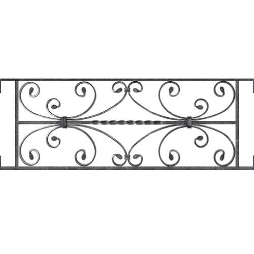 Appui de fenêtre type AF003 à visser dans votre tableau de fenêtre. Longueur finie de 890mm et Hauteur finie de 320mm. Convient pour les tableaux de fenêtre de 890mm. Main courante laminée de 890mm de long en fer forgé sur le dessus. Motif au centre de 760mm de long par 300mm de haut. Le reste de la structure est en acier carré plein de 12mm de section.