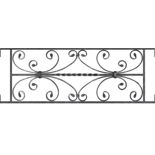 Appui de fenêtre type AF003 à visser dans votre tableau de fenêtre. Longueur finie de 900mm et Hauteur finie de 320mm. Convient pour les tableaux de fenêtre de 900mm. Main courante laminée de 900mm de long en fer forgé sur le dessus. Motif au centre de 760mm de long par 300mm de haut. Le reste de la structure est en acier carré plein de 12mm de section.