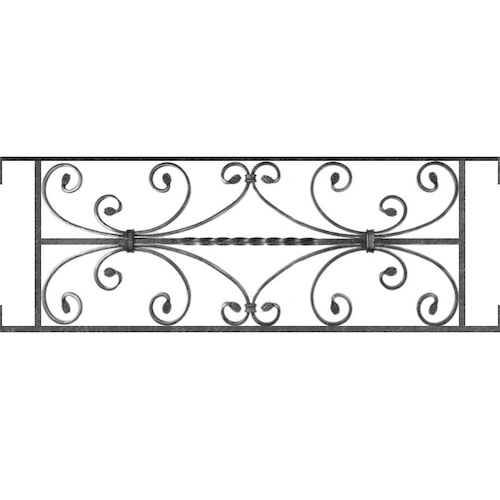 Appui de fenêtre type AF003 à visser dans votre tableau de fenêtre. Longueur finie de 910mm et Hauteur finie de 320mm. Convient pour les tableaux de fenêtre de 910mm. Main courante laminée de 910mm de long en fer forgé sur le dessus. Motif au centre de 760mm de long par 300mm de haut. Le reste de la structure est en acier carré plein de 12mm de section.