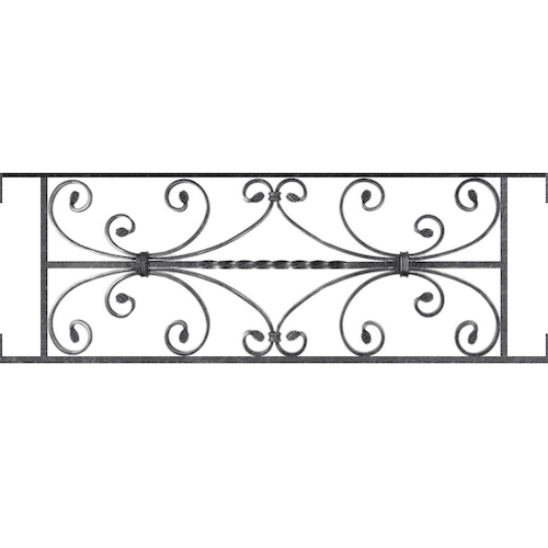 Appui de fenêtre type AF003 à visser dans votre tableau de fenêtre. Longueur finie de 920mm et Hauteur finie de 320mm. Convient pour les tableaux de fenêtre de 920mm. Main courante laminée de 920mm de long en fer forgé sur le dessus. Motif au centre de 760mm de long par 300mm de haut. Le reste de la structure est en acier carré plein de 12mm de section.