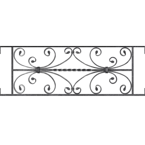 Appui de fenêtre type AF003 à visser dans votre tableau de fenêtre. Longueur finie de 930mm et Hauteur finie de 320mm. Convient pour les tableaux de fenêtre de 930mm. Main courante laminée de 930mm de long en fer forgé sur le dessus. Motif au centre de 760mm de long par 300mm de haut. Le reste de la structure est en acier carré plein de 12mm de section.