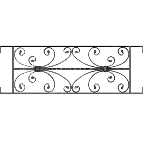 Appui de fenêtre type AF003 à visser dans votre tableau de fenêtre. Longueur finie de 940mm et Hauteur finie de 320mm. Convient pour les tableaux de fenêtre de 940mm. Main courante laminée de 940mm de long en fer forgé sur le dessus. Motif au centre de 760mm de long par 300mm de haut. Le reste de la structure est en acier carré plein de 12mm de section.