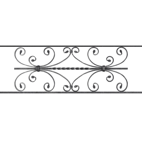 Appui de fenêtre type AF003 à sceller dans votre tableau de fenêtre. Longueur finie de 950mm et Hauteur finie de 320mm. Convient pour les tableaux de fenêtre de 850mm. 50mm de scellement sont prévue de chaque côté. Main courante laminée de 850mm de long en fer forgé sur le dessus. Motif au centre de 760mm de long par 300mm de haut. Le reste de la structure est en acier carré plein de 12mm de section.