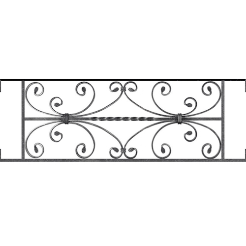 Appui de fenêtre type AF003 à visser dans votre tableau de fenêtre. Longueur finie de 950mm et Hauteur finie de 320mm. Convient pour les tableaux de fenêtre de 950mm. Main courante laminée de 950mm de long en fer forgé sur le dessus. Motif au centre de 760mm de long par 300mm de haut. Le reste de la structure est en acier carré plein de 12mm de section.