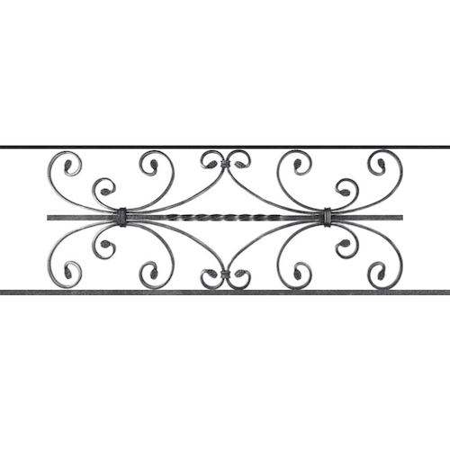 Appui de fenêtre type AF003 à sceller dans votre tableau de fenêtre. Longueur finie de 960mm et Hauteur finie de 320mm. Convient pour les tableaux de fenêtre de 860mm. 50mm de scellement sont prévue de chaque côté. Main courante laminée de 860mm de long en fer forgé sur le dessus. Motif au centre de 760mm de long par 300mm de haut. Le reste de la structure est en acier carré plein de 12mm de section.
