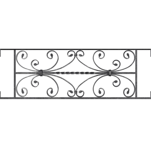 Appui de fenêtre type AF003 à visser dans votre tableau de fenêtre. Longueur finie de 960mm et Hauteur finie de 320mm. Convient pour les tableaux de fenêtre de 960mm. Main courante laminée de 960mm de long en fer forgé sur le dessus. Motif au centre de 760mm de long par 300mm de haut. Le reste de la structure est en acier carré plein de 12mm de section.