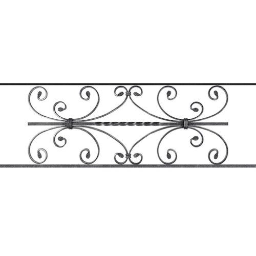 Appui de fenêtre type AF003 à sceller dans votre tableau de fenêtre. Longueur finie de 970mm et Hauteur finie de 320mm. Convient pour les tableaux de fenêtre de 870mm. 50mm de scellement sont prévue de chaque côté. Main courante laminée de 870mm de long en fer forgé sur le dessus. Motif au centre de 760mm de long par 300mm de haut. Le reste de la structure est en acier carré plein de 12mm de section.