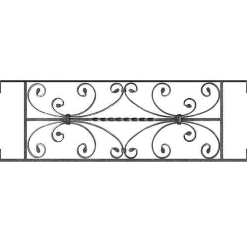 Appui de fenêtre type AF003 à visser dans votre tableau de fenêtre. Longueur finie de 970mm et Hauteur finie de 320mm. Convient pour les tableaux de fenêtre de 970mm. Main courante laminée de 970mm de long en fer forgé sur le dessus. Motif au centre de 760mm de long par 300mm de haut. Le reste de la structure est en acier carré plein de 12mm de section.