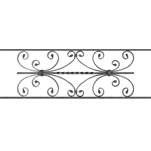 Appui de fenêtre type AF003 à sceller dans votre tableau de fenêtre. Longueur finie de 980mm et Hauteur finie de 320mm. Convient pour les tableaux de fenêtre de 880mm. 50mm de scellement sont prévue de chaque côté. Main courante laminée de 880mm de long en fer forgé sur le dessus. Motif au centre de 760mm de long par 300mm de haut. Le reste de la structure est en acier carré plein de 12mm de section.